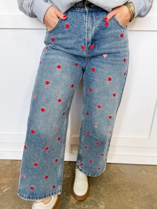 Oli & Hali Denim - Women’s Blue Denim Wide-Leg Jeans with Red Heart Print